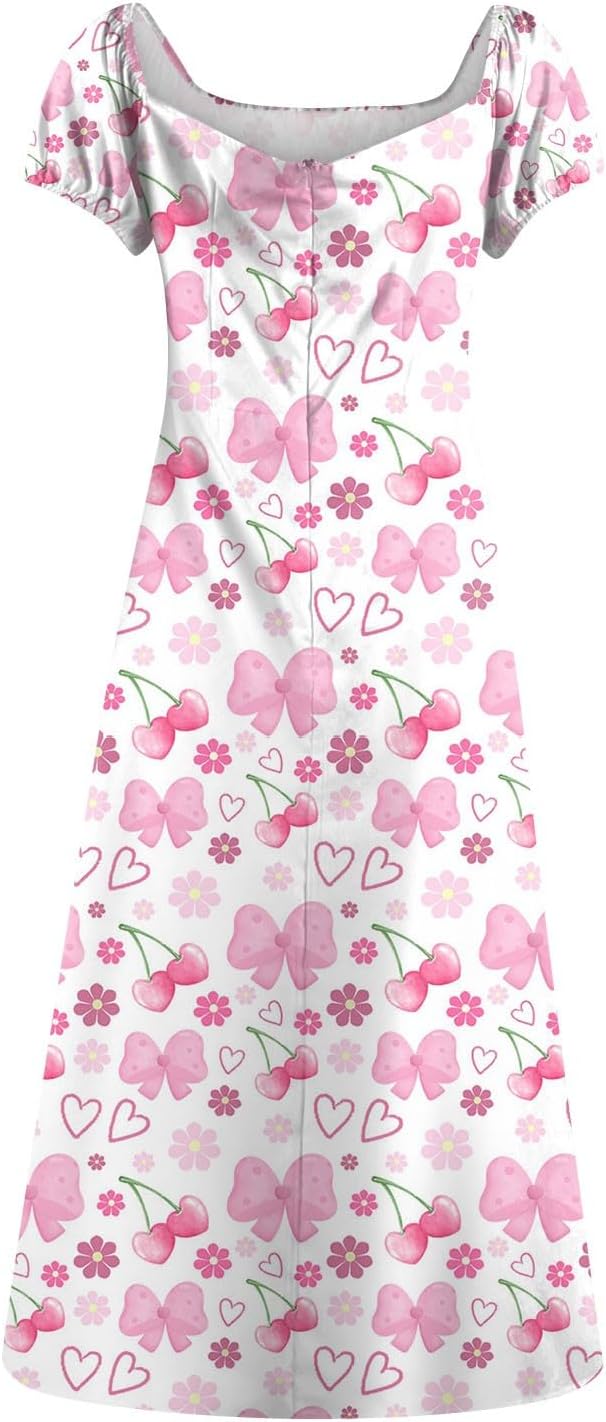 Women's Sundresses 2025 Summer Casual Loose Trendy Bubble Sleeve Square Neck Split Bow Floral Print Dress Plus Size, XS-3XL