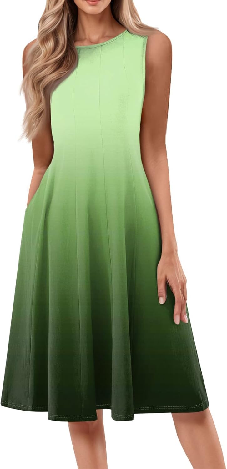 Womens Tank Sundress 2025 Casual Floral Print Tshirt Dress Swing Sleeveless Midi Dress Crewneck Pleated Summer Dresses