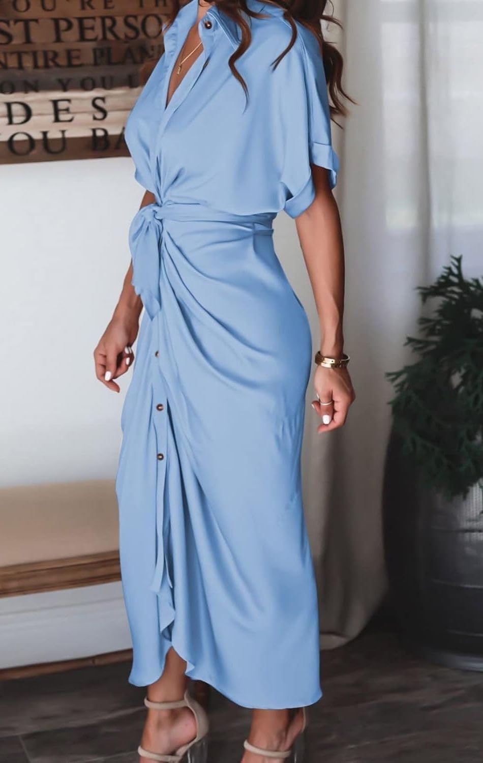 Women's Swing Classic Cute Maxi Ruched Breathable Shirt Dresses Bownot Slim Fitted Dress