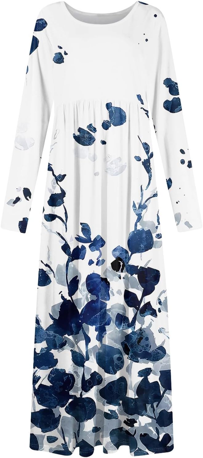 Long Sleeve Maxi Dress for Women Elegant Crew Neck Flowy Swing Dresses Solid Color Wedding Guest Dresses