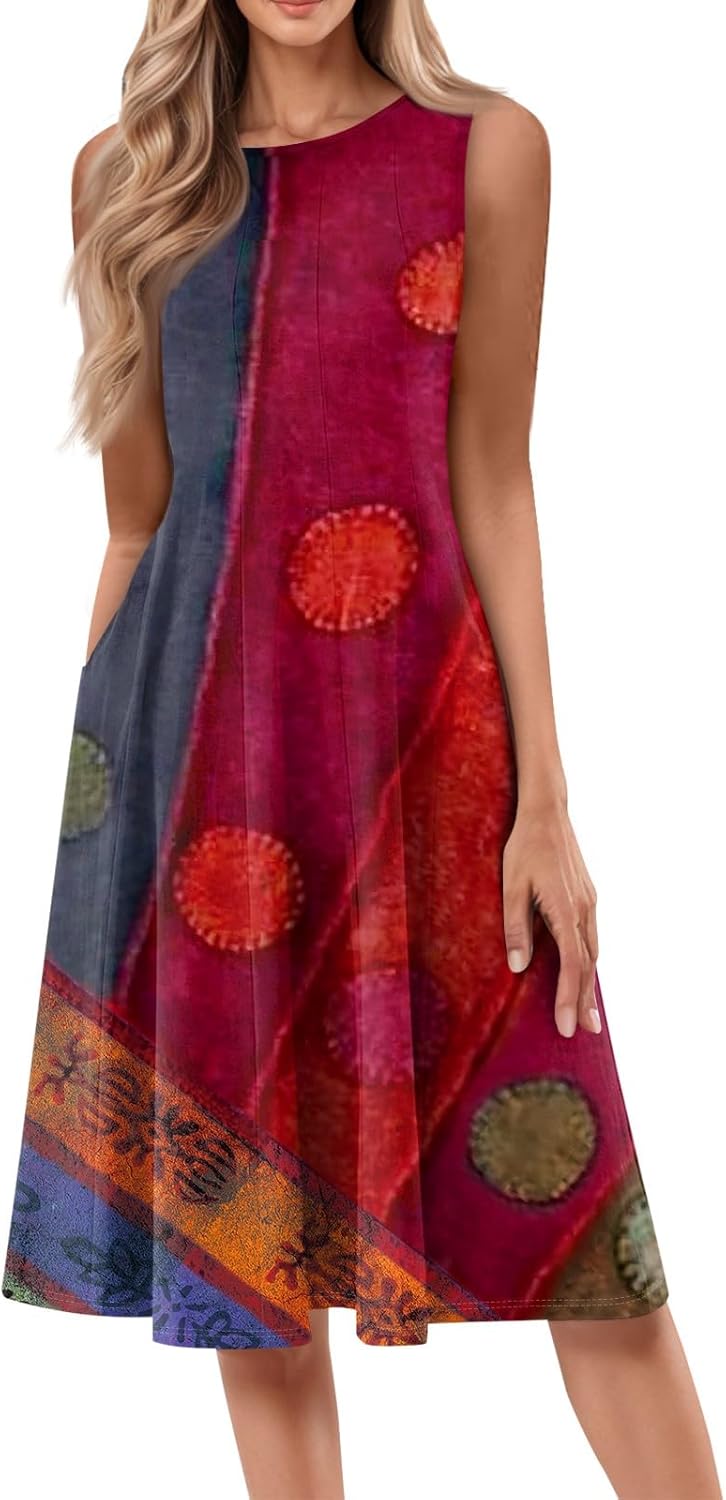 Womens Tank Sundress 2025 Casual Floral Print Tshirt Dress Swing Sleeveless Midi Dress Crewneck Pleated Summer Dresses