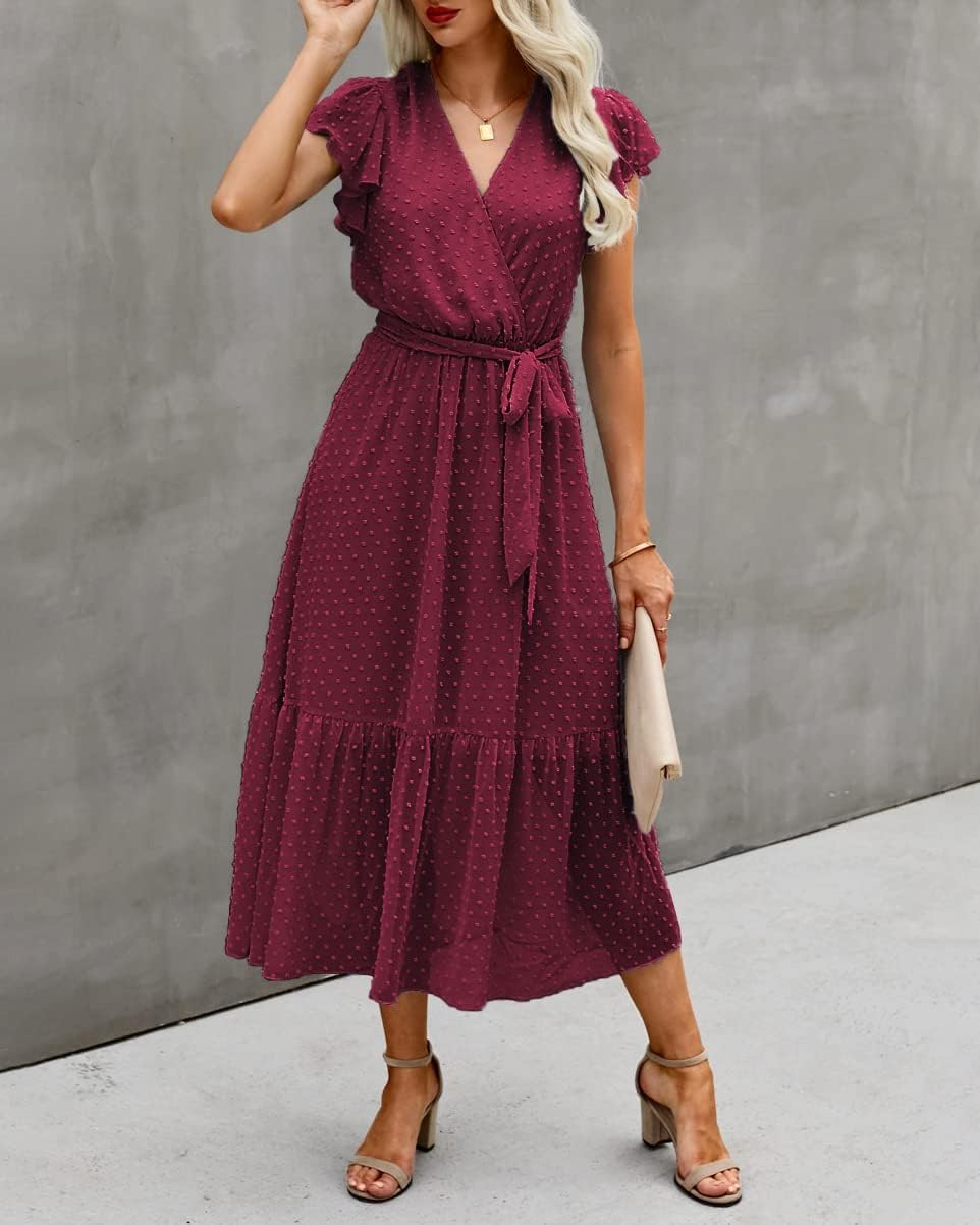 BTFBM Women Summer Bohemian Floral Casual Wrap V Neck Ruffle Cap Sleeveless Belt A-Line Pleated Hem Midi Sun Dress White