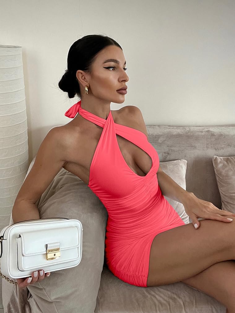BEAGIMEG Women's Sexy Bodycon Sleeveless Criss Cross Ruched Halter Mini Dress Party Club Dress