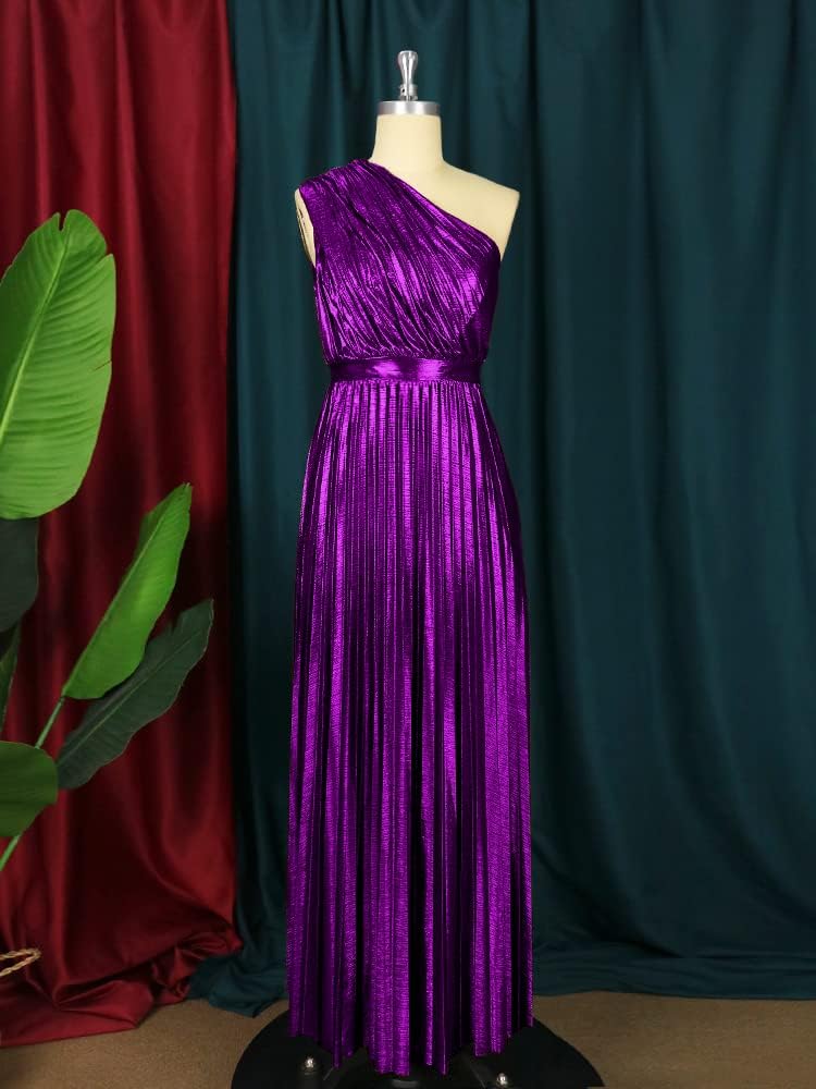 AOMEI Women's Luxury Metallic One Shoulder Sleeveless Elegant Pleated Long Dress