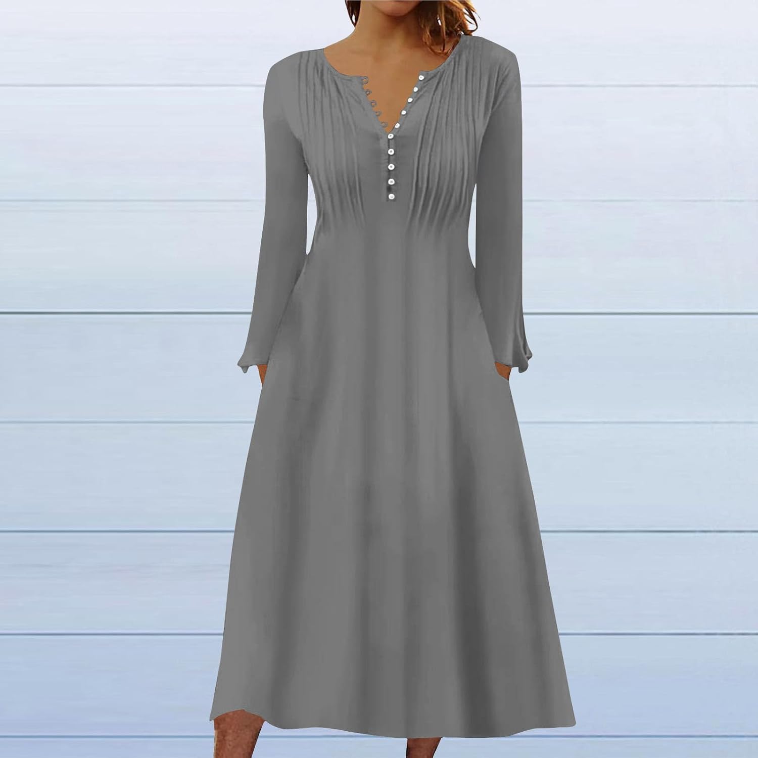 DOPOCQ Fall Women Dresses 2023 Long Sleeve V Neck Plus Size Maxi Dress Boho Dress High Waisted A-Line Dress with Pocket