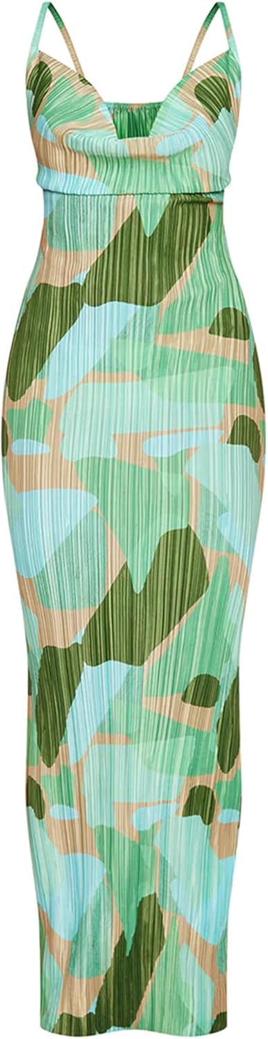 Cowl Neck Dress Sexy Strap Shoulder Pleated Maxi Dresses Summer Wedding Guest Dresses for Women