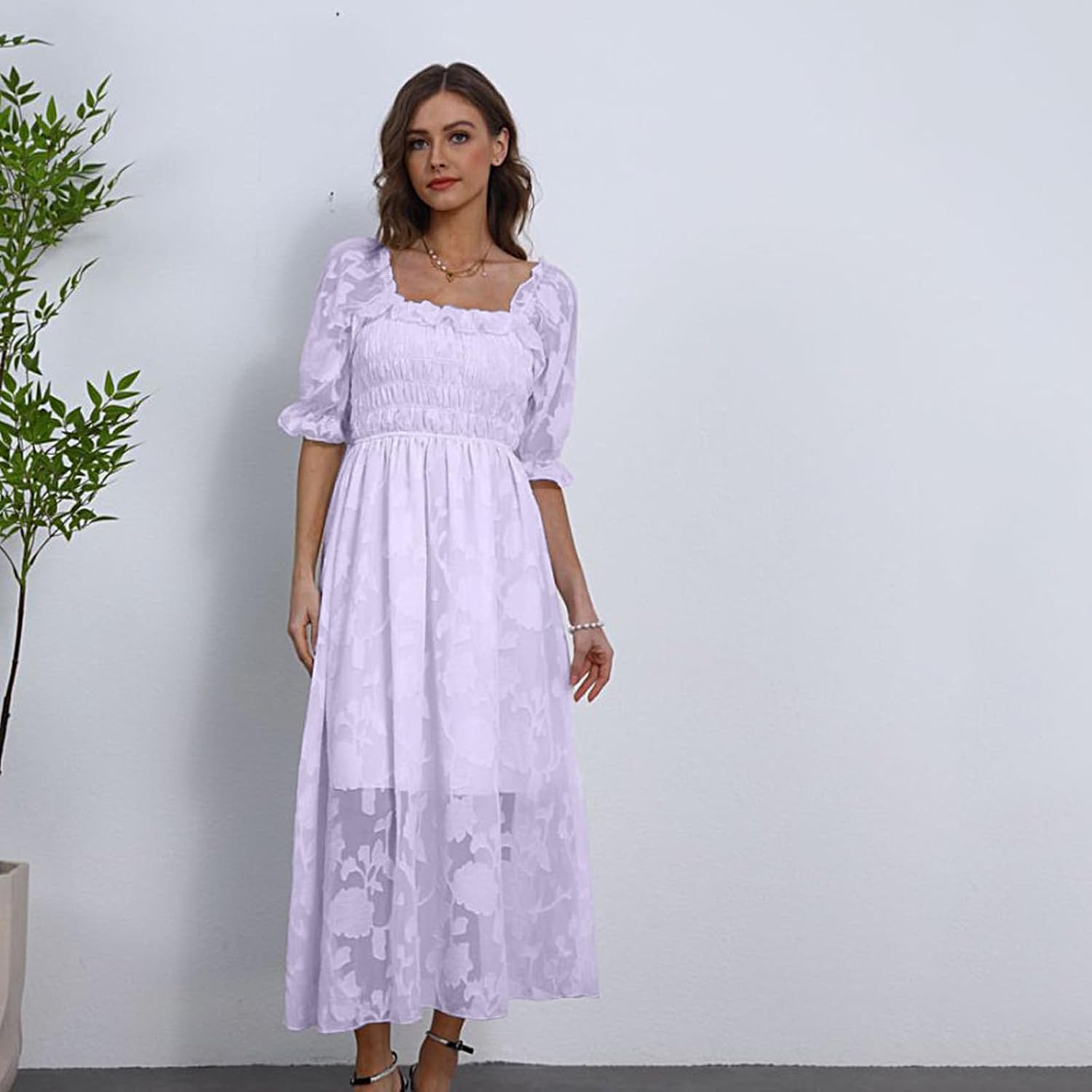 Women Floral Easter Spring Summer Dress Square Neck Chiffon Boho 2025 Maxi Long Wedding Guest Bridal Shower Dresses