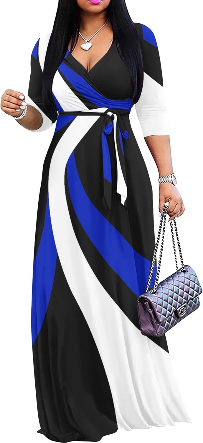 FANDEE Plus Size Maxi Dress for Women Casual Summer Sundress V-Neck 3/4 Sleeve
