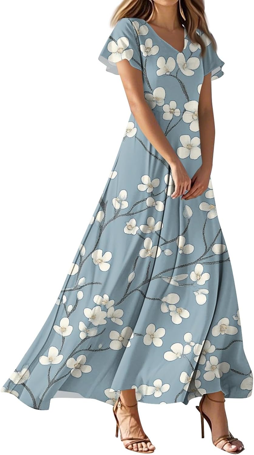 Womens Fashion V Neck Ruffle Short Sleeve Maxi Dress 2025 Summer Elegant Solid Color Flowy A Line Dresses