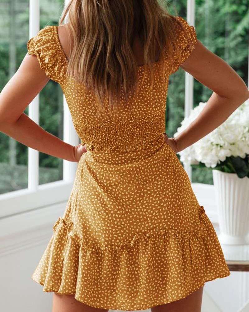 YOBECHO Women's Summer Ruffle Sleeve Sweetheart Neckline Printing Dress Mini Dress