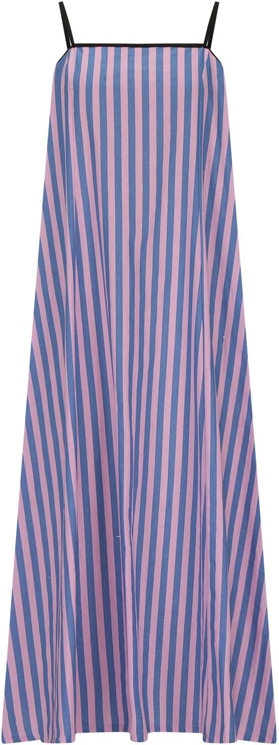 Women's Colorblock Stripe Sleeveless Dress Spaghetti Strap Loose Fit Sling Dresses Summer Mid Calf Length Dress