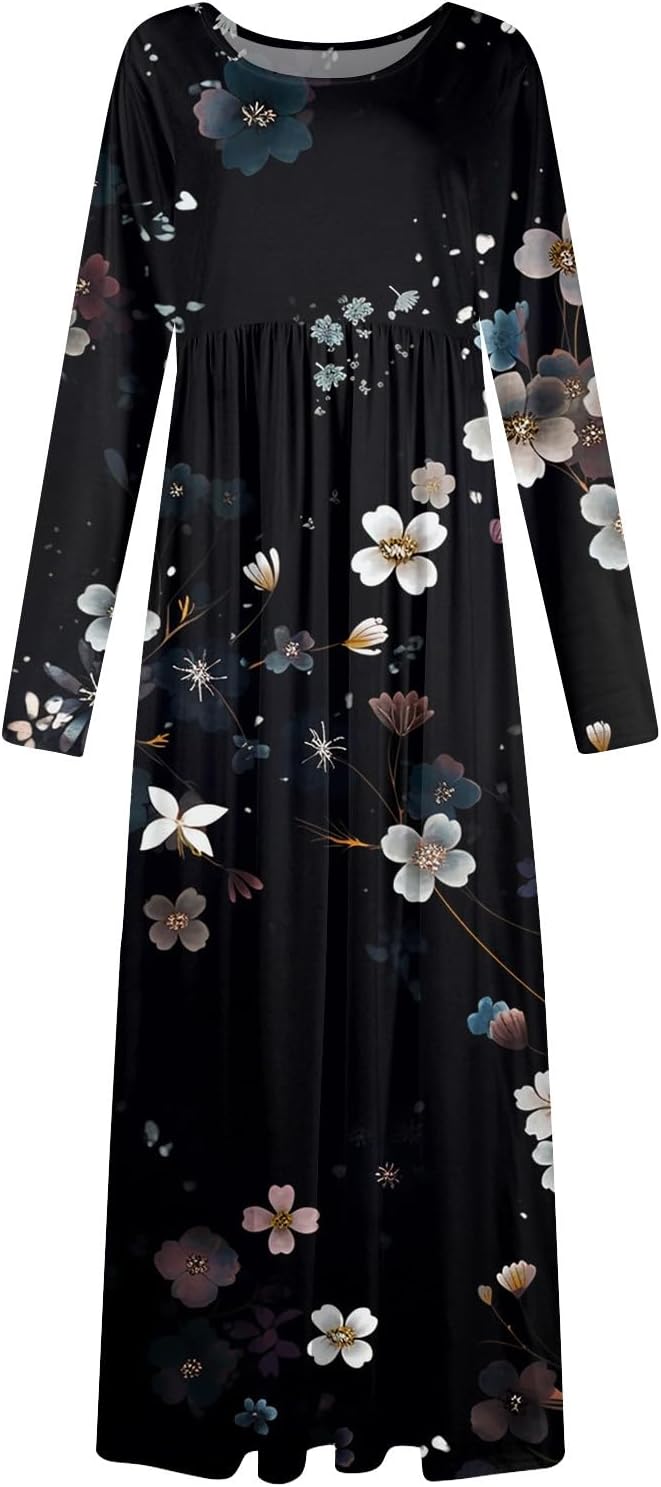 Long Sleeve Maxi Dress for Women Elegant Crew Neck Flowy Swing Dresses Solid Color Wedding Guest Dresses