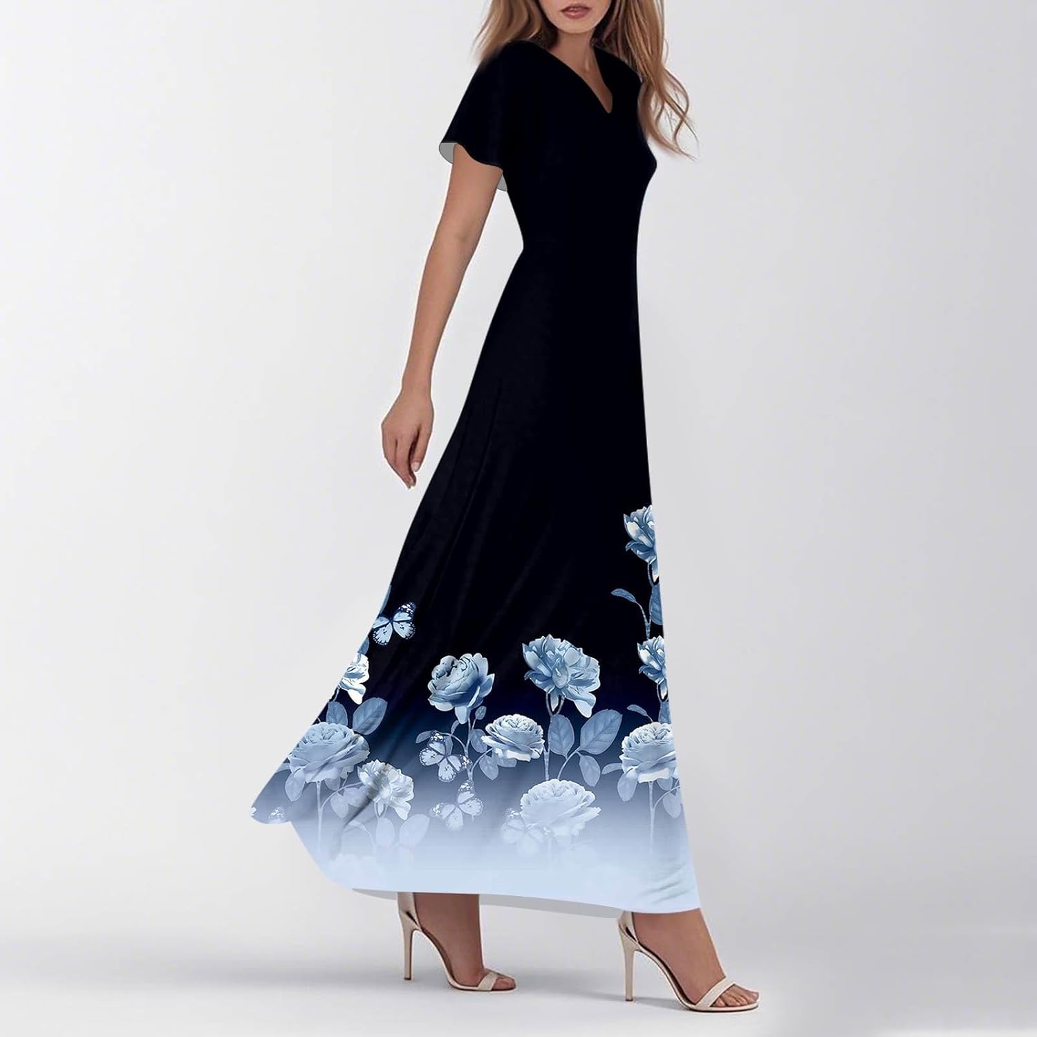 Womens Fashion V Neck Ruffle Short Sleeve Maxi Dress 2025 Summer Elegant Solid Color Flowy A Line Dresses