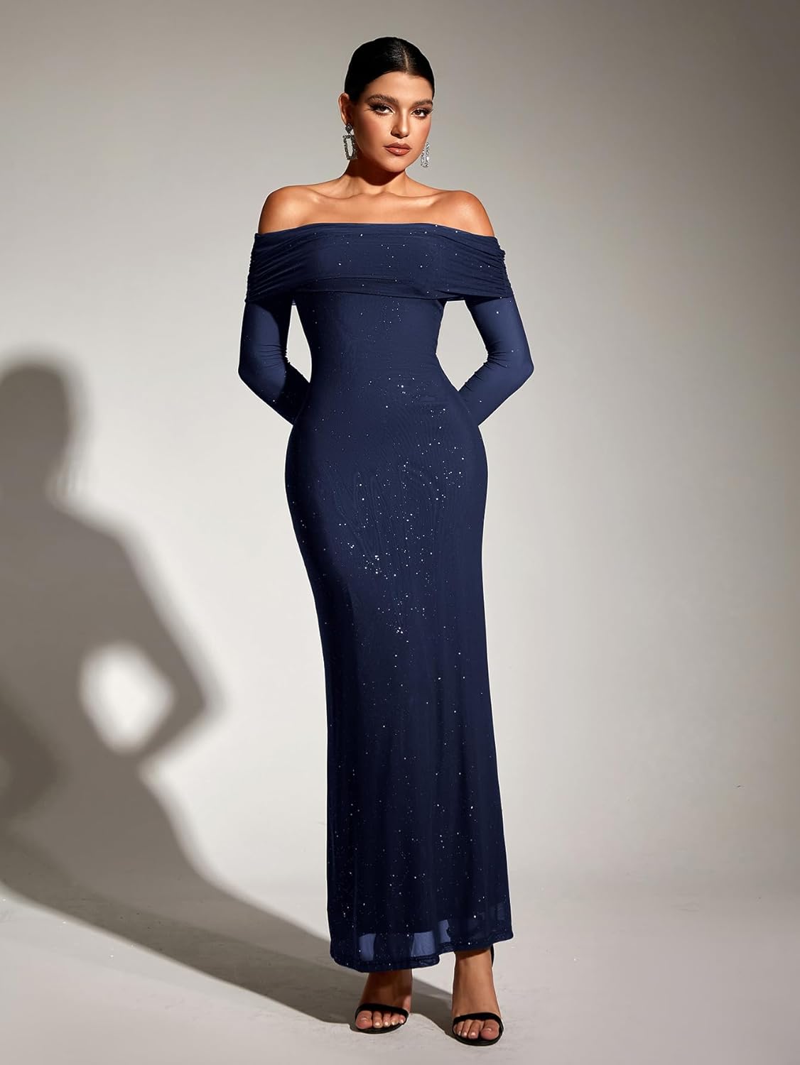 KUTUMAI Women Off Shoulder Bodycon Maxi Dress Long Sleeve Mesh Ruched Party Formal Wedding Guest Dresses