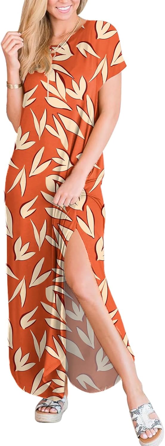 ANRABESS Women's Summer Casual Loose Short Sleeve Long T Shirt Dress Split Maxi Beach Sundress Travel Vacation Outfits