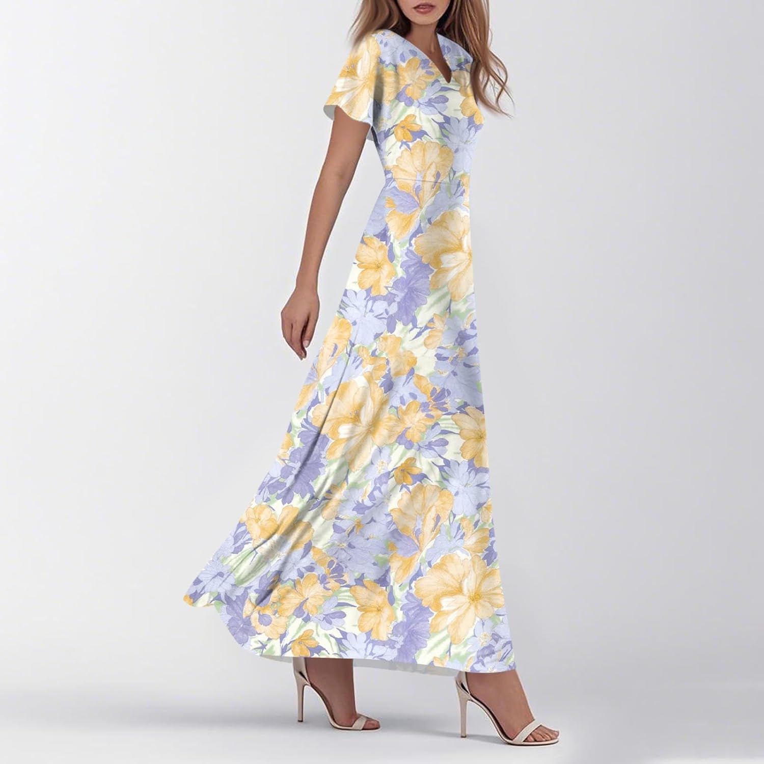 Womens Fashion V Neck Ruffle Short Sleeve Maxi Dress 2025 Summer Elegant Solid Color Flowy A Line Dresses