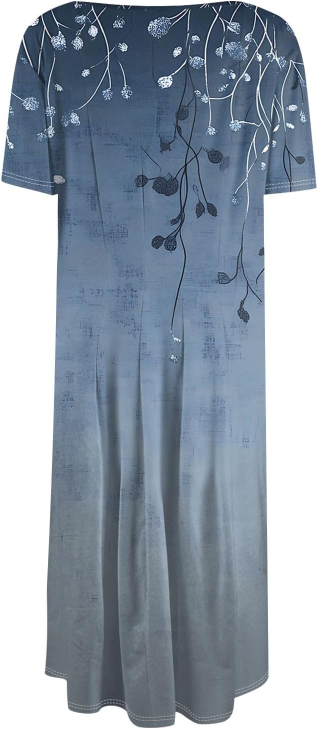 Summer Dresses for Women 2025 Crew Neck Short Sleeve Boho Beach Vacation Floral/Solid Midi Sundresses with Pockets