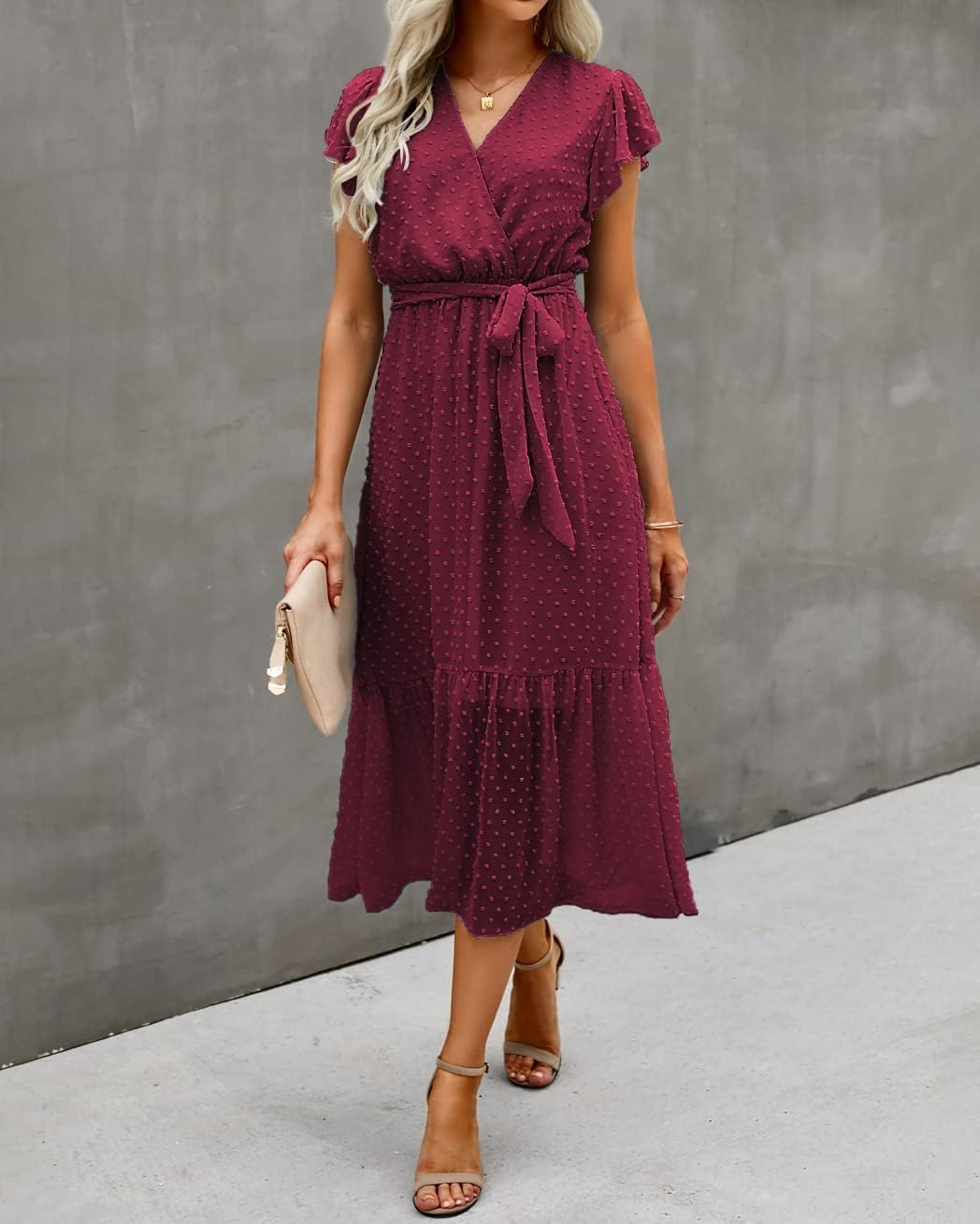 BTFBM Women Summer Bohemian Floral Casual Wrap V Neck Ruffle Cap Sleeveless Belt A-Line Pleated Hem Midi Sun Dress White