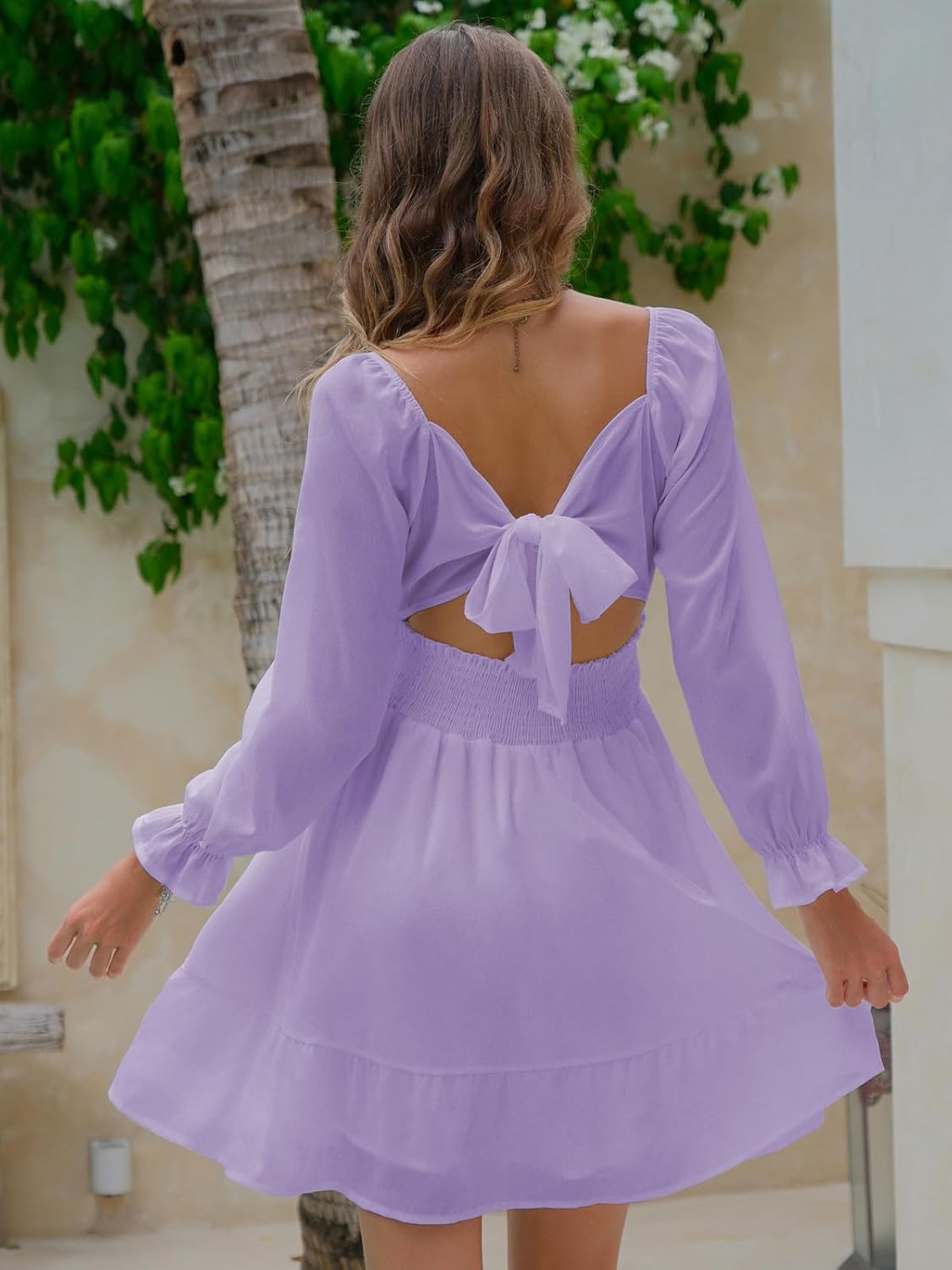 EXLURA Women's 2025 Casual Long Lantern Sleeve Dresses Square Neck Ruffle Tie Back Elastic Waist Aline Short Mini Dress