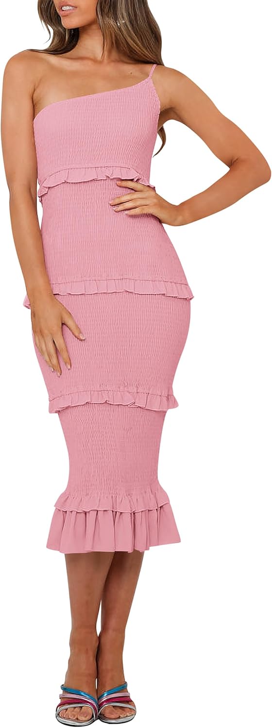 PRETTYGARDEN Women's Summer Midi Bodycon Dresses One Shoulder Strappy Tiered Ruffle Floral Boho Sun Dress