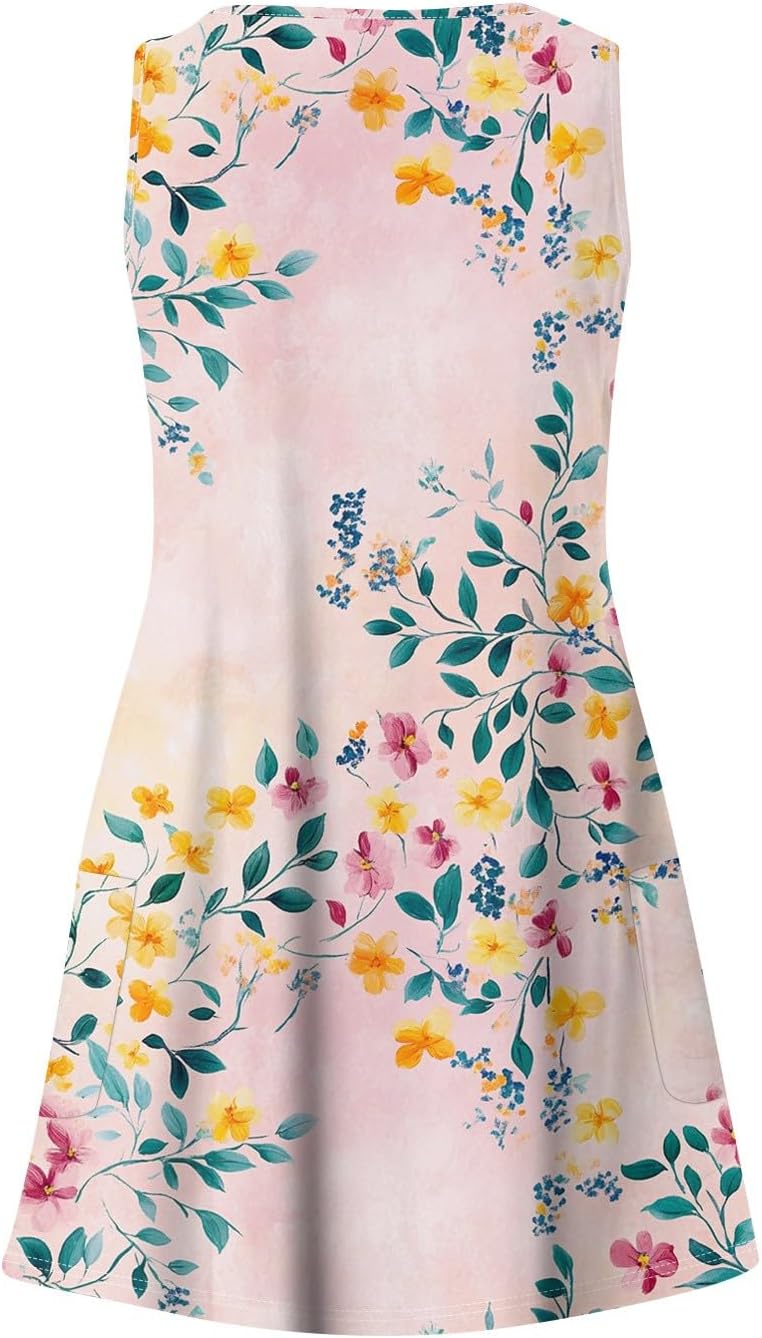 Women's Sleeveless Floral Print Summer Dress Casual V-Neck A-Line Mini Dress for Beach Party and Daily Wear