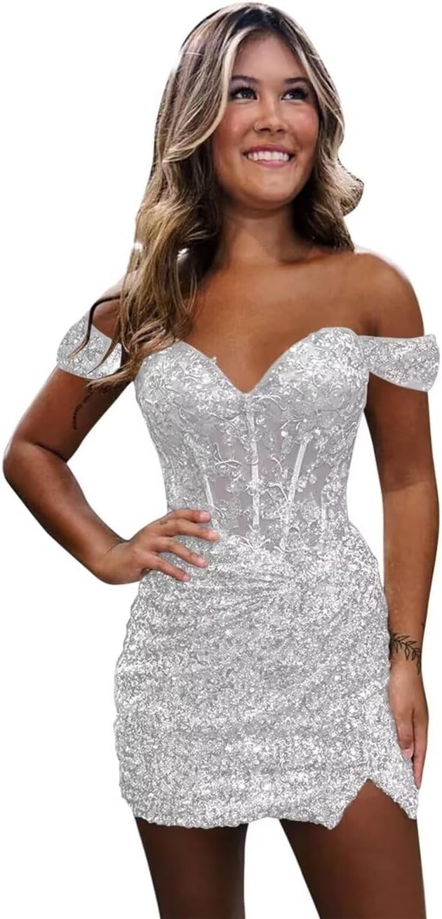 Sparkly Off Shoulder Sequin Homecoming Dresses 2025 Short Tight Mermaid Cocktail Dress Teens HOCO Corset Gowns