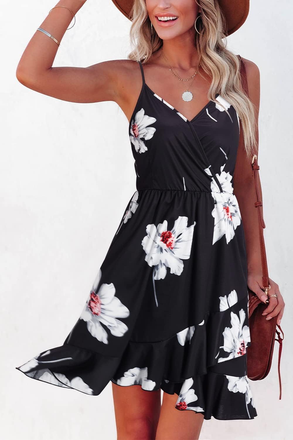 ULTRANICE Womens Summer Dresses Floral V Neck Ruffled Hem Spaghetti Spring Casual Beach Outfits Flowy Wrap Sun Dress