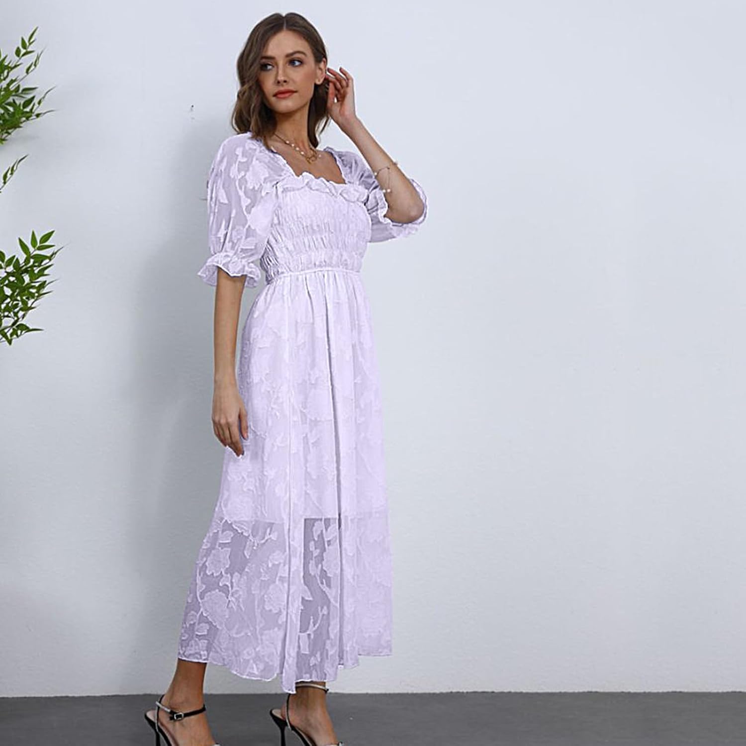 Women Floral Easter Spring Summer Dress Square Neck Chiffon Boho 2025 Maxi Long Wedding Guest Bridal Shower Dresses
