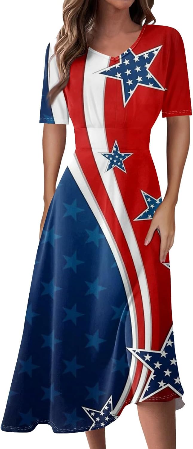 Women's Patriotic Star Print Midi Short Sleeve V-Neck Casual A-Line Dress for Summer Parties & Events