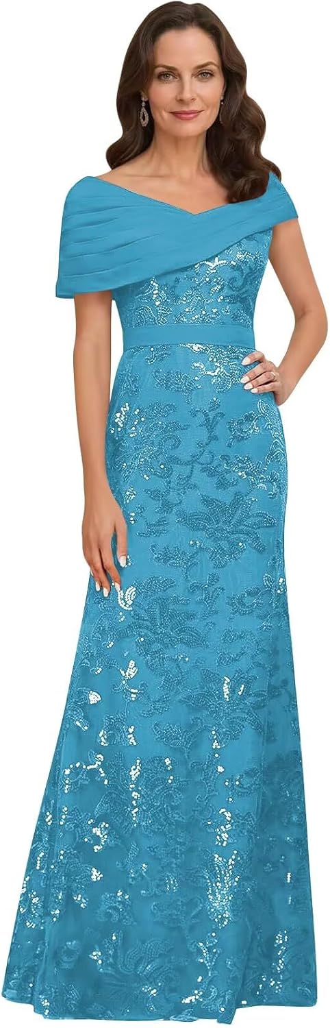 Lace Sequin Mother of The Bride Dresses for Women Long Mermaid Off The Shoulder Formal Evening Dress with Sleeves