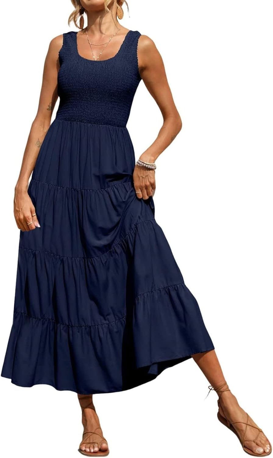 Women Summer Sleeveless Dressees Boho Maxi Dress Casual Smocked Square Neck Sundress a Line Beach Wedding Dresses