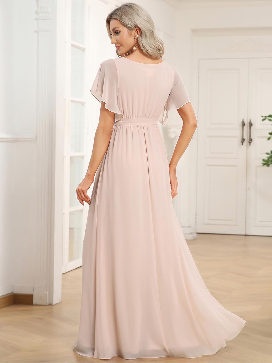 Ever-Pretty Women's Bridesmaid Dress V-Neck Ruffle Sleeves Ruched Bust Floor Length Chiffon Formal Dresses 0164A