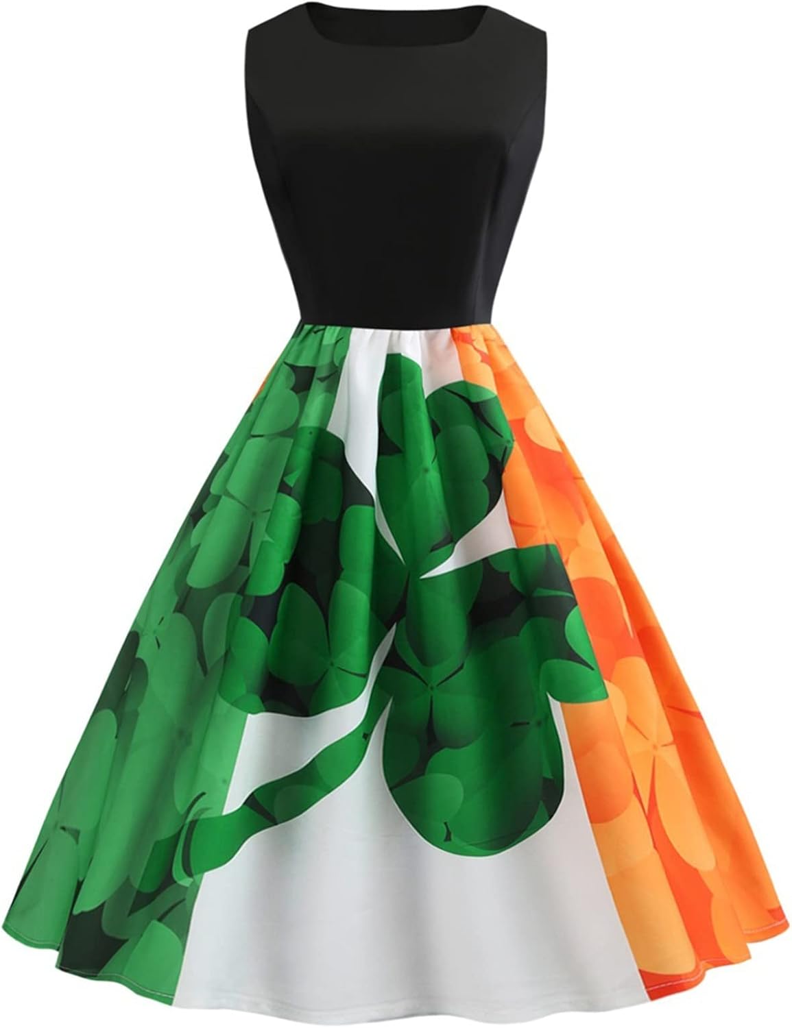 aihihe St Patricks Day Dress for Women A Line Pleated Hepburn Dress Lukcy Shamrock Print Irish Dress 2024 Vintage Dress