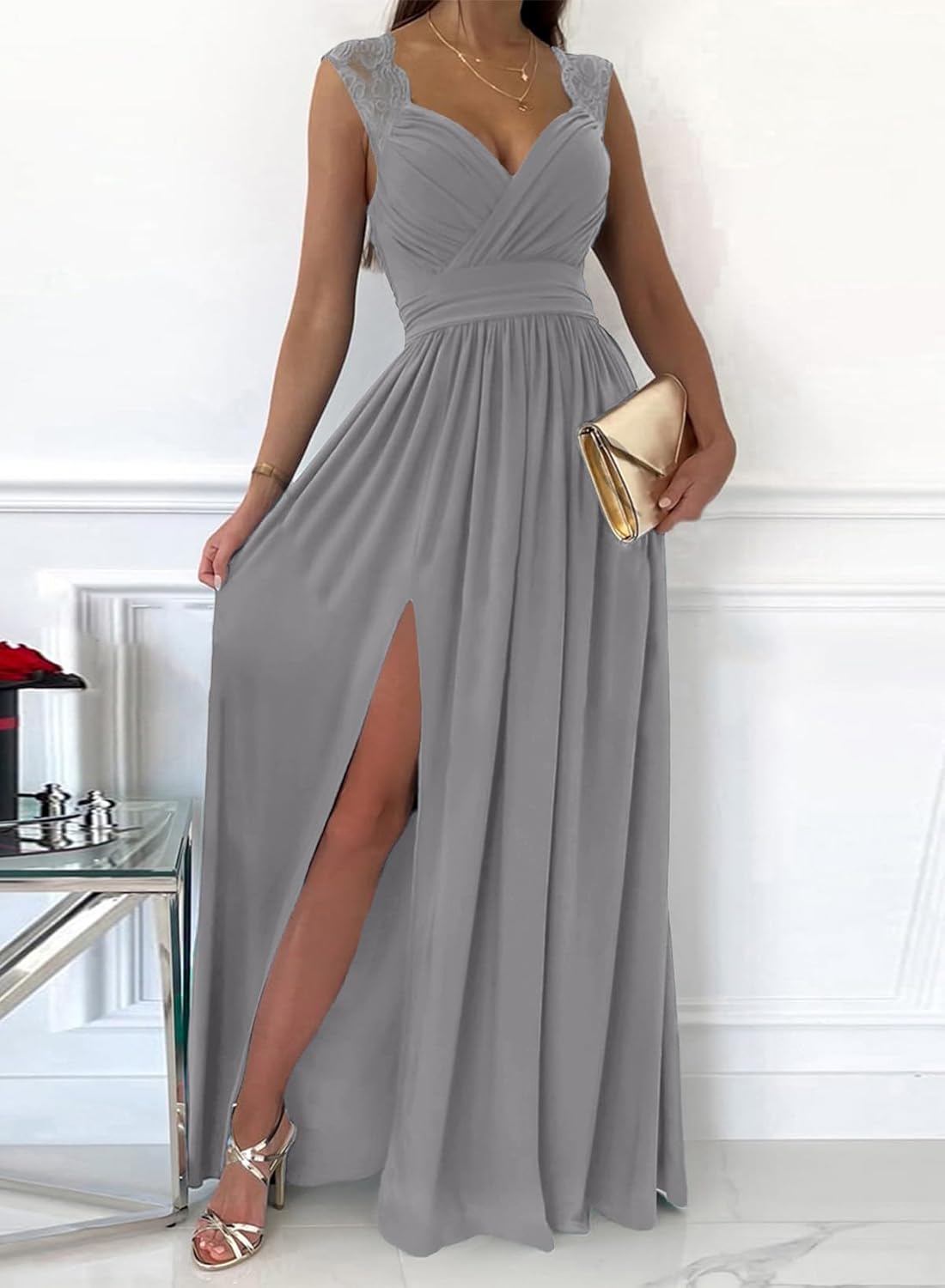 Dokotoo Womens 2025 Formal Dresses Wrap V-Neck Ruched Sexy Bridesmaid Wedding Guest Maxi Dresses