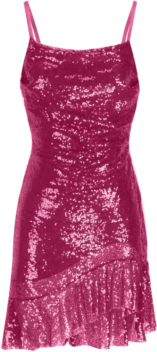 Binmer Women Sparkly Sequin Mini Dress Sexy Glitter Spaghetti Strap Backless Ruffle Hem Cami Short Mini Club Party Dresses
