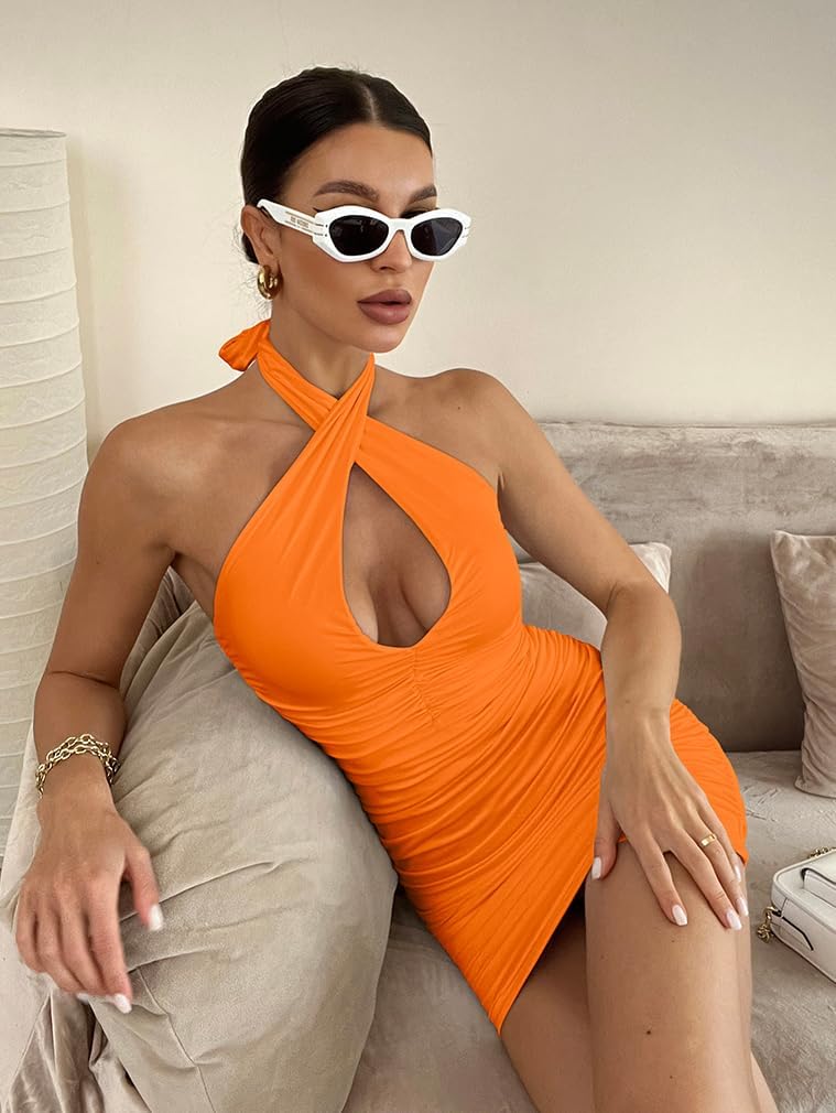 BEAGIMEG Women's Sexy Bodycon Sleeveless Criss Cross Ruched Halter Mini Dress Party Club Dress