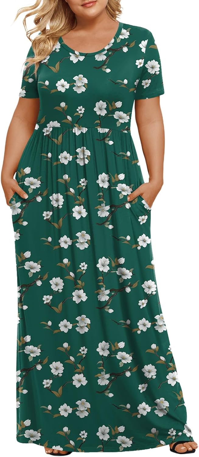 LONGYUAN Women's Plus Size Maxi Dresses for Curvy Women Summer Short Sleeve Casual 2025 Long Dress XL-6XL