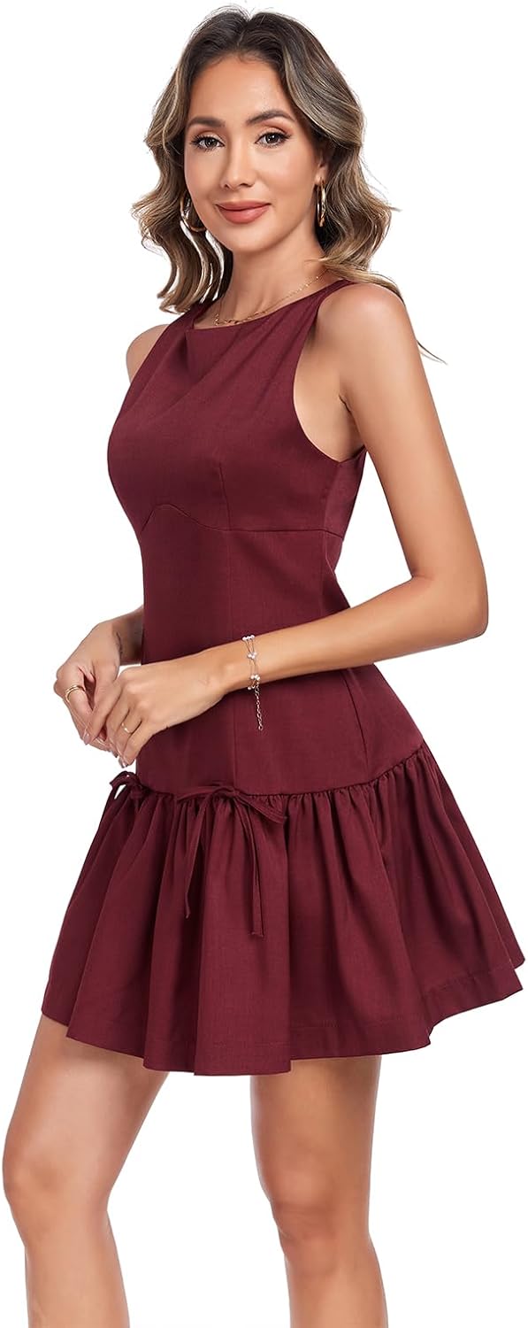 Summer Dress for Women, Sleeveless Round Neck Mini Dress, Casual Pleated Bow Zipper Tank Dress