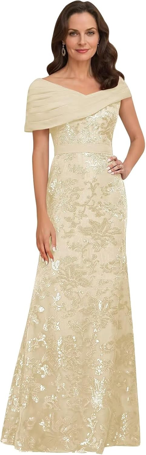 Lace Sequin Mother of The Bride Dresses for Women Long Mermaid Off The Shoulder Formal Evening Dress with Sleeves