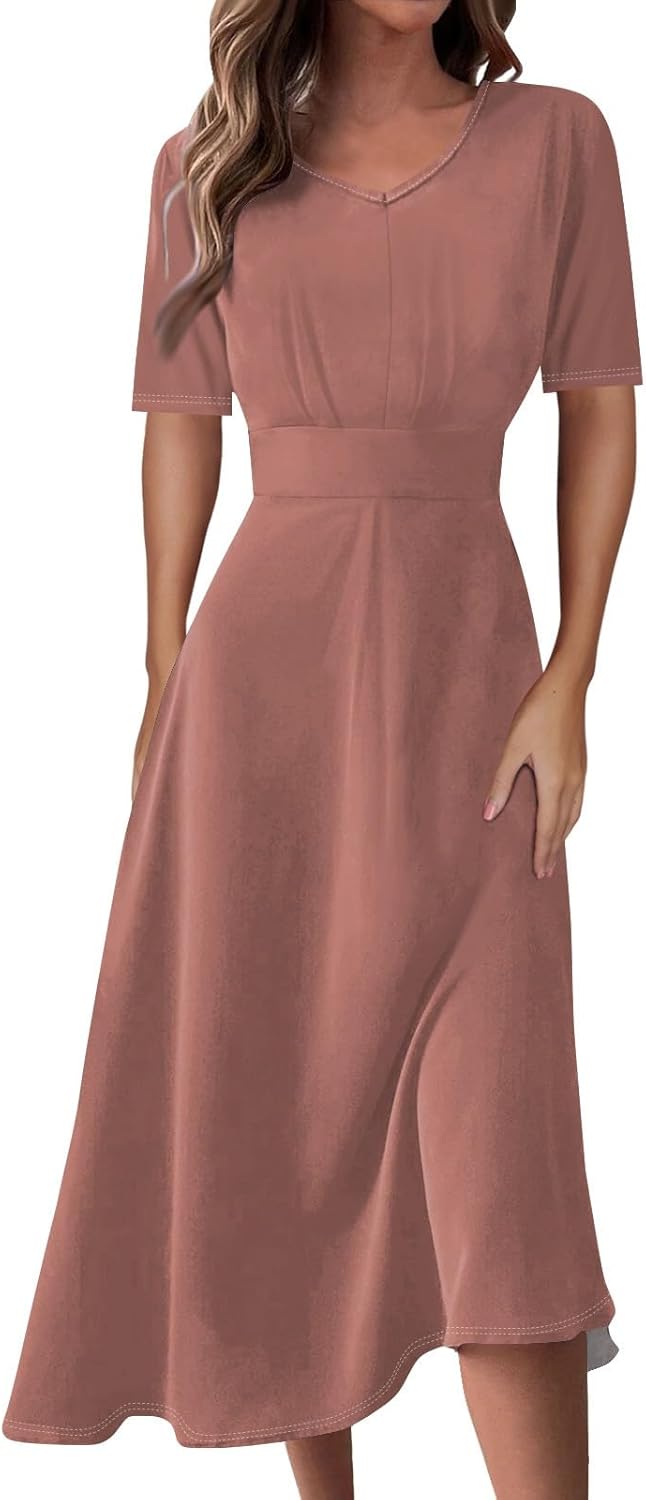 Women's Summer Elegant Cocktail Dress Solid Color Swing V-Neck Party Gown Dresses, S-2XL