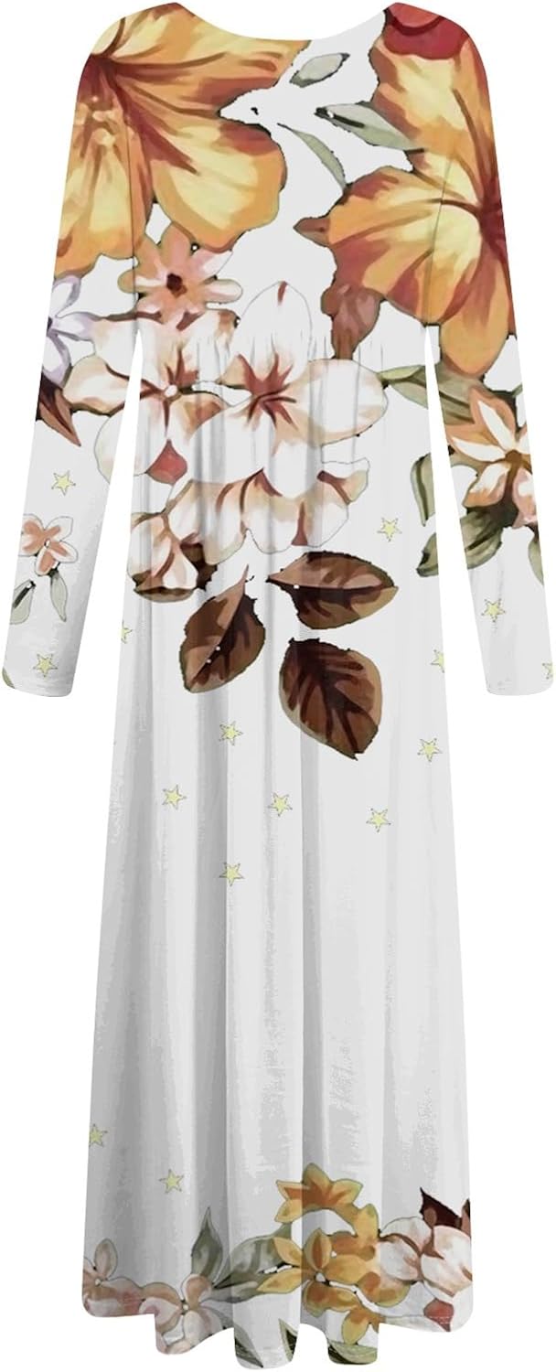 Long Sleeve Maxi Dress for Women Elegant Crew Neck Flowy Swing Dresses Solid Color Wedding Guest Dresses