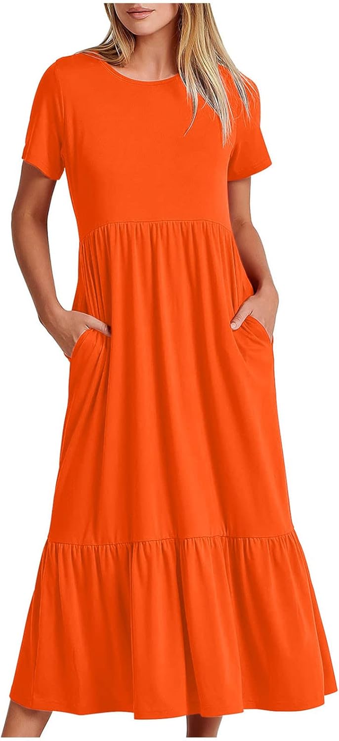 XUNRYAN Summer Dresses for Women 2024 Casual Calf Length Maxi Dress Pleated Flowy Tiered Swing Beach Sundress with Pockets