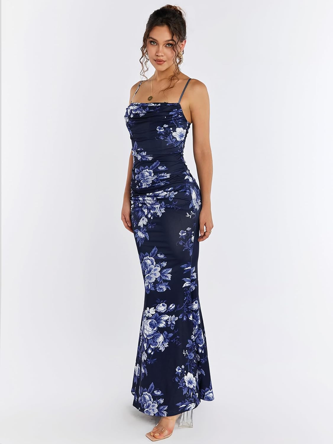EYNMIN Women's Sleeveless Bodycon Corset Maxi Dress Spaghetti Strap Ruched Elegant Evening Wedding Guest Long Formal Dresses