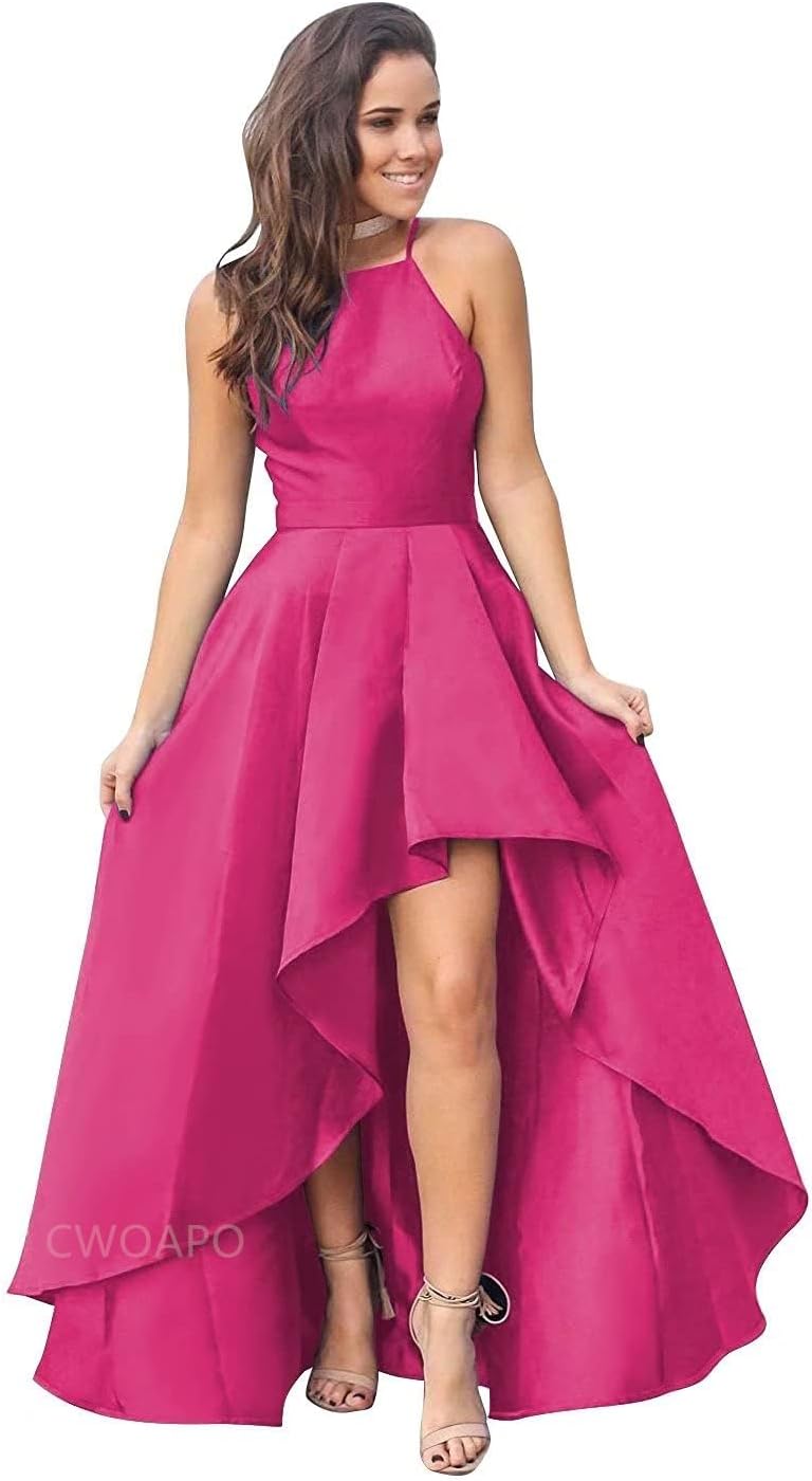 CWOAPO Halter High Low Bridesmaid Dress Evening Dress Satin Homecoming Dresses A Line Cocktail Gowns with Pockets