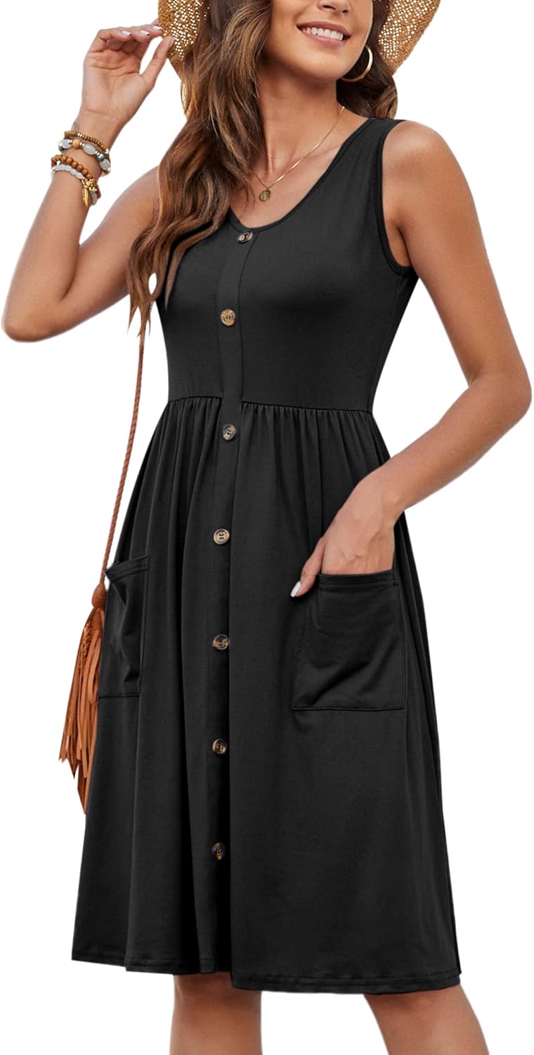 MOLERANI Women Summer Dresses Sleeveless Casual Loose Swing Button Down Midi Dress with Pockets