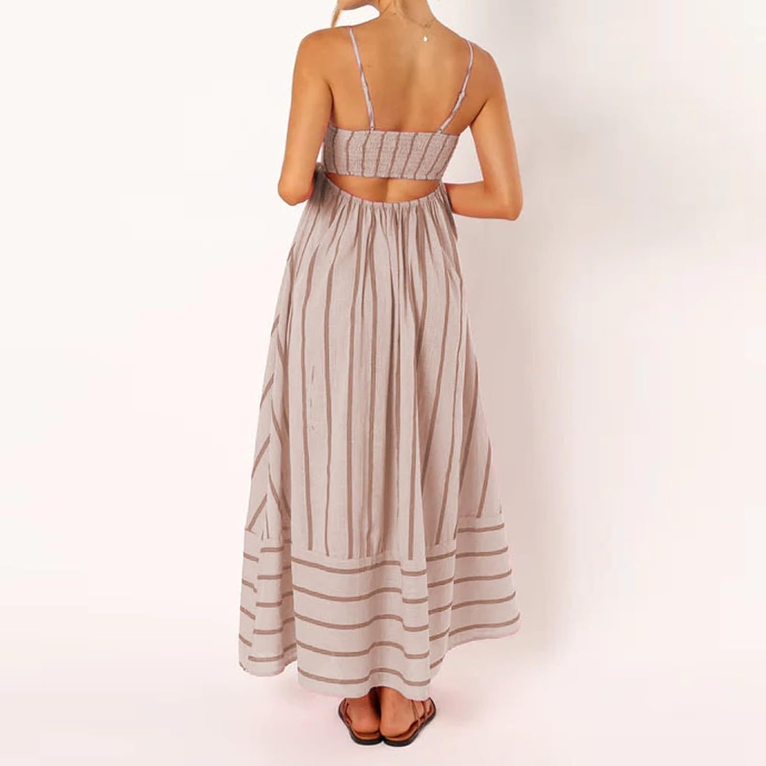 Beach Dresses for Women Summer Striped Back Smocked Maxi Dress Spaghetti Strap Cut Out Flowy A Line Long Sundresses
