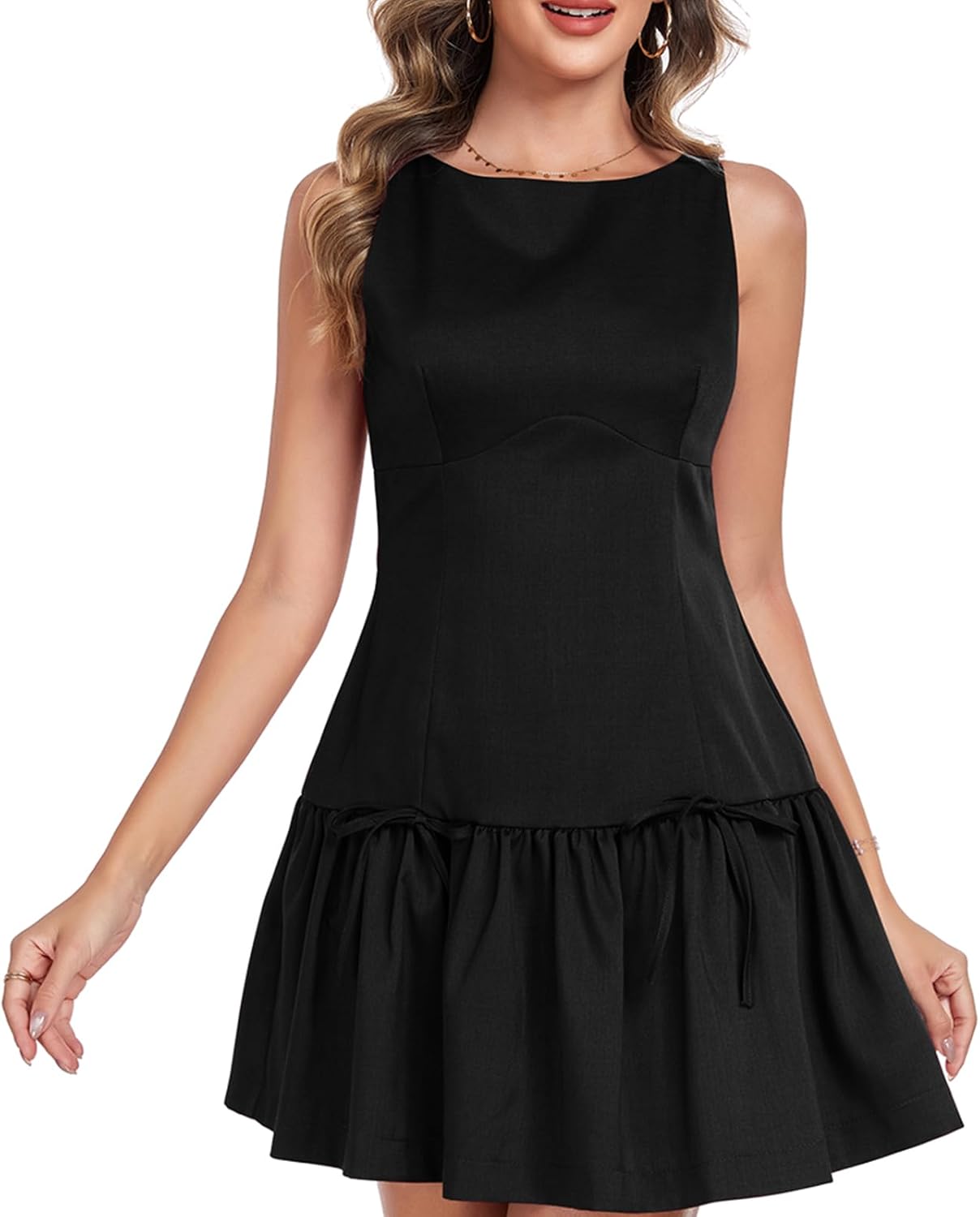 Summer Dress for Women, Sleeveless Round Neck Mini Dress, Casual Pleated Bow Zipper Tank Dress