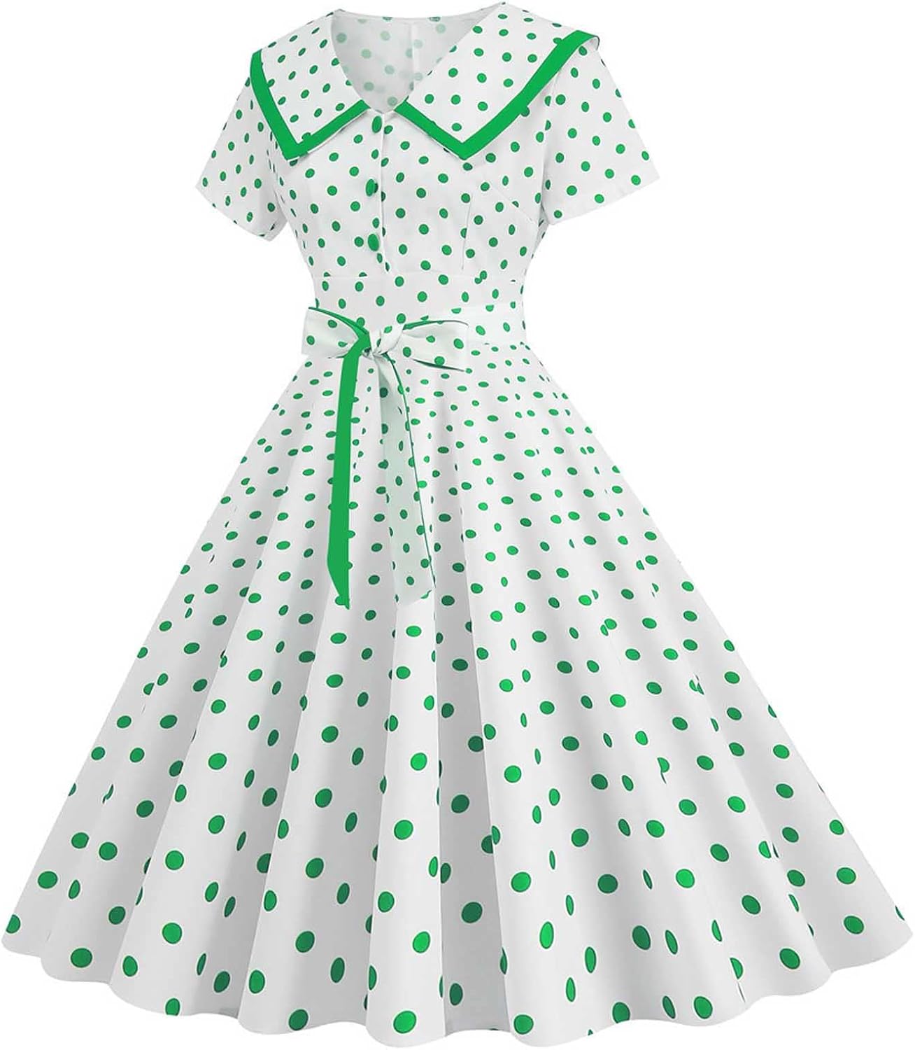 Women's Lapel Rockabilly Dress Cute Polka Dot Print Audrey Dress Button Down Vintage Cocktail Dress 1950s Fairy Dress
