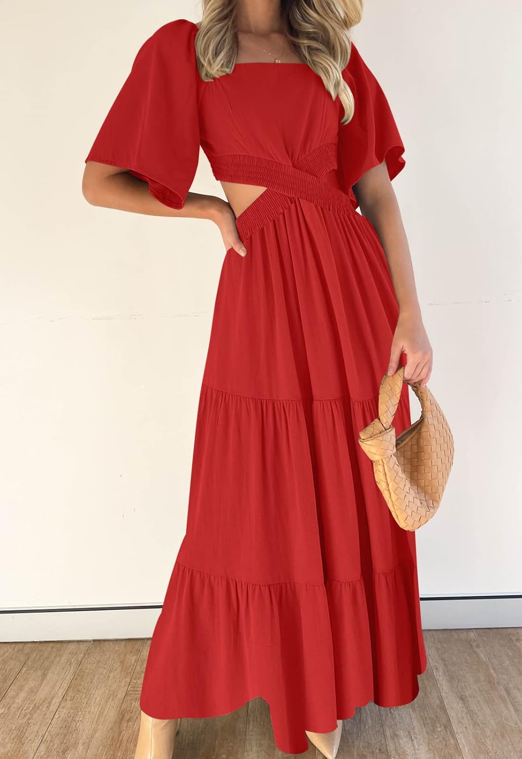 LEANI Women's 2025 Summer Cutout Maxi Dress Square Neck Short Sleeve Crossover Waist Casual Party Dresses