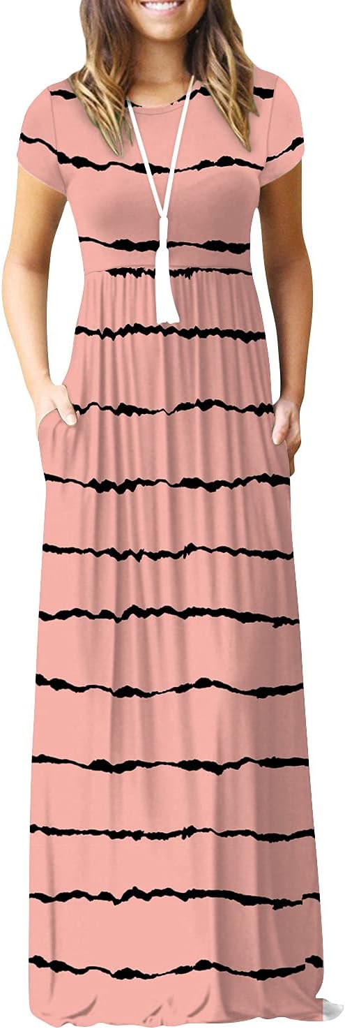 DEARCASE Maxi Dress for Women Short Sleeve Casual Summer Loose Plain Comfy Long Dresses with Pockets